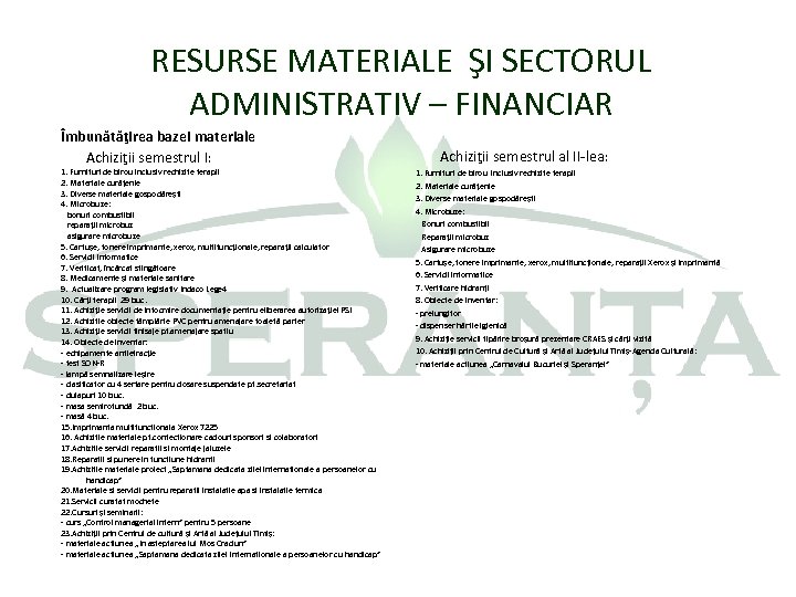 RESURSE MATERIALE ŞI SECTORUL ADMINISTRATIV – FINANCIAR Îmbunătăţirea bazei materiale Achiziţii semestrul I: 1.
