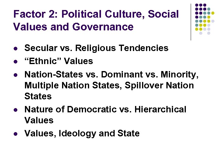 Factor 2: Political Culture, Social Values and Governance l l l Secular vs. Religious