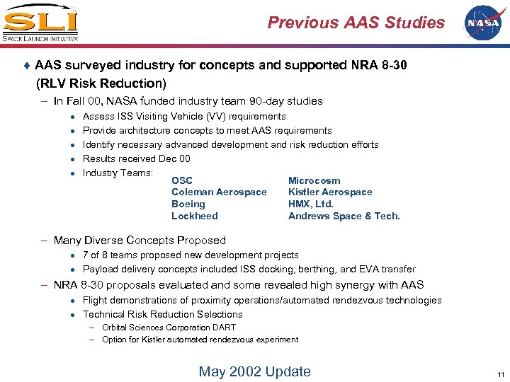 Previous AAS Studies ¨ AAS surveyed industry for concepts and supported NRA 8 -30