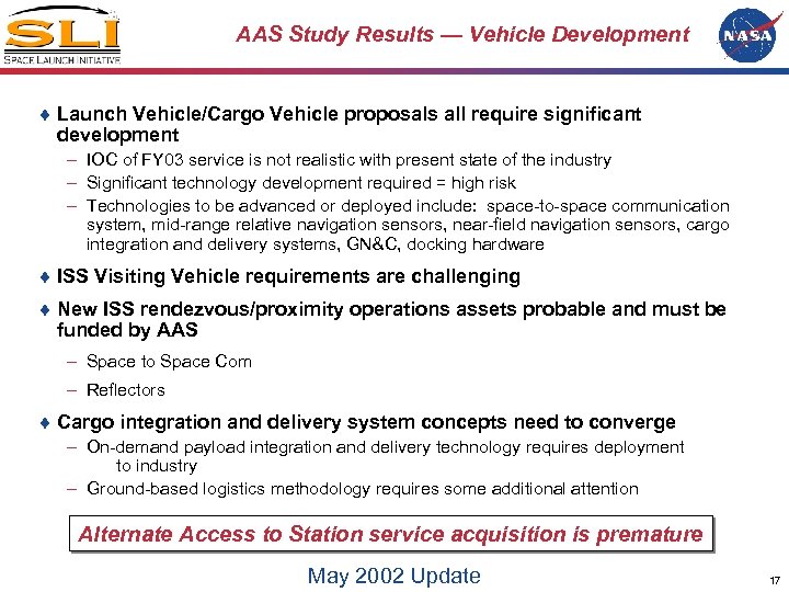 AAS Study Results — Vehicle Development ¨ Launch Vehicle/Cargo Vehicle proposals all require significant