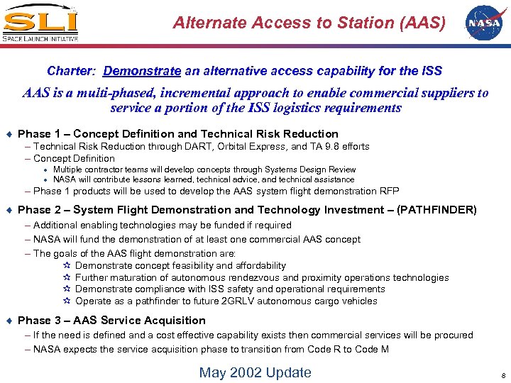 Alternate Access to Station (AAS) Charter: Demonstrate an alternative access capability for the ISS