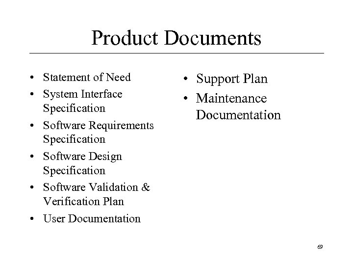 Product Documents • Statement of Need • System Interface Specification • Software Requirements Specification