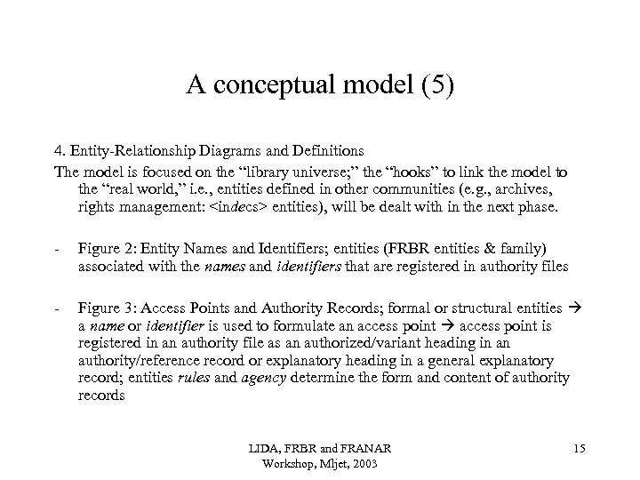 A conceptual model (5) 4. Entity-Relationship Diagrams and Definitions The model is focused on