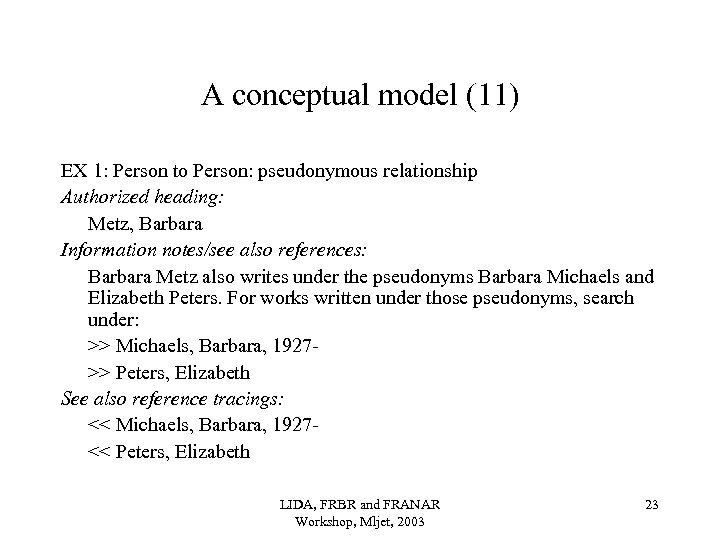 A conceptual model (11) EX 1: Person to Person: pseudonymous relationship Authorized heading: Metz,