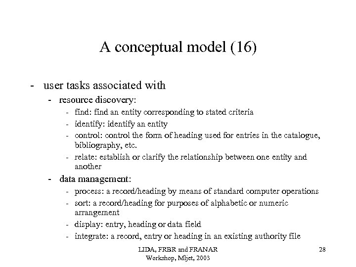 A conceptual model (16) - user tasks associated with - resource discovery: - find: