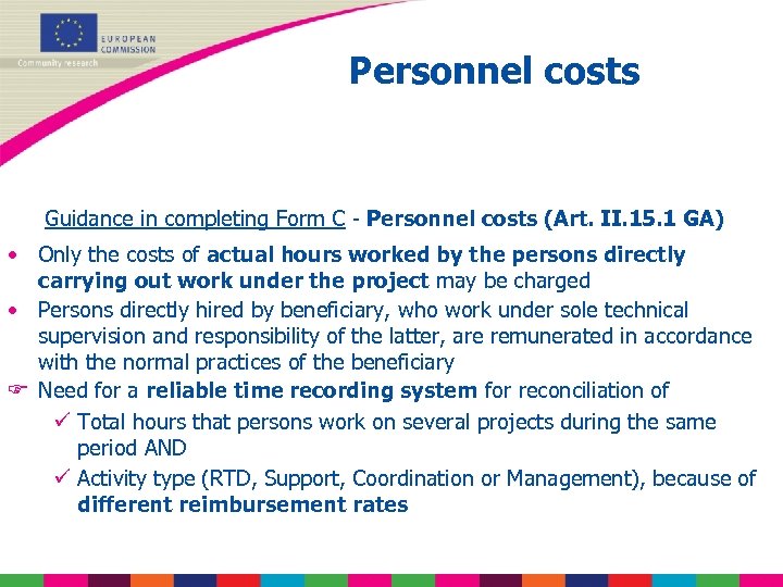 Personnel costs Guidance in completing Form C - Personnel costs (Art. II. 15. 1