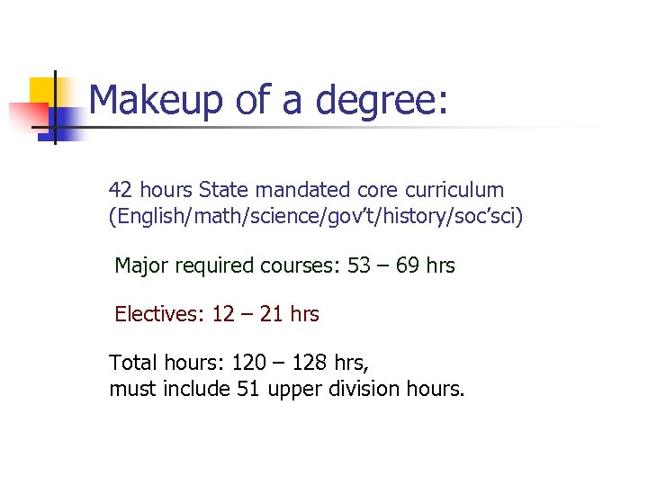 Makeup of a degree: . 42 hours State mandated core curriculum (English/math/science/gov’t/history/soc’sci) Major required