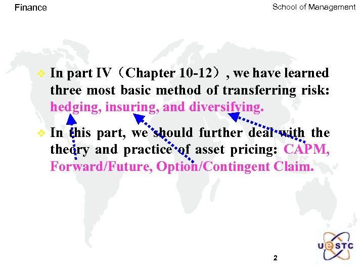 Finance School of Management v In part IV（Chapter 10 -12）, we have learned three