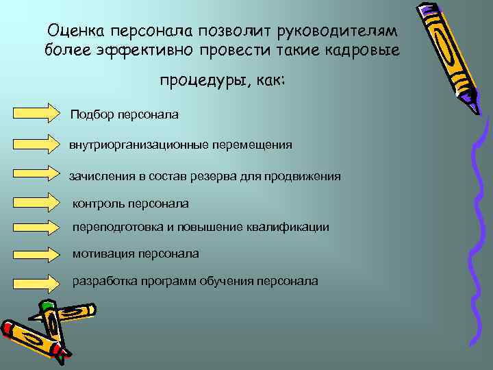 Оценка персонала позволит руководителям более эффективно провести такие кадровые процедуры, как: Подбор персонала внутриорганизационные