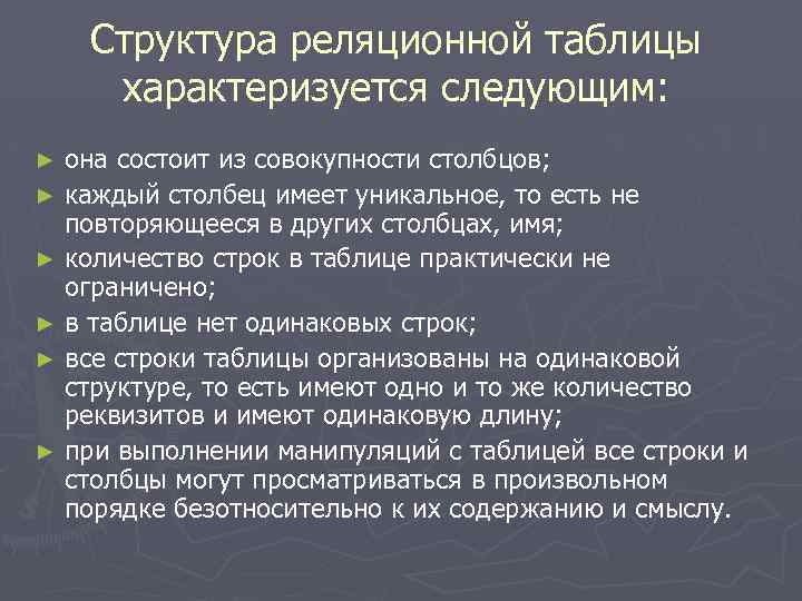 Структура реляционной таблицы характеризуется следующим: она состоит из совокупности столбцов; ► каждый столбец имеет