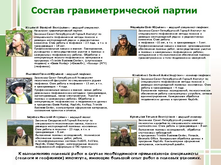 Состав гравиметрической партии Кошевой Валерий Вилорьевич - ведущий специалист. Начальник гравиметрической партии. Закончил Санкт-Петербургский