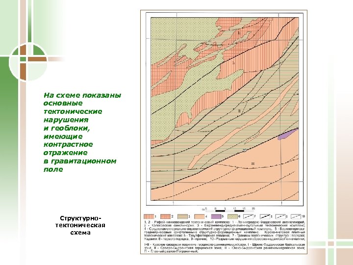 На схеме показаны основные тектонические нарушения и геоблоки, имеющие контрастное отражение в гравитационном поле