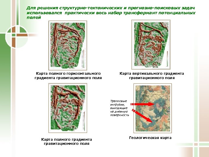 Для решения структурно-тектонических и прогнозно-поисковых задач использовался практически весь набор трансформант потенциальных полей Карта