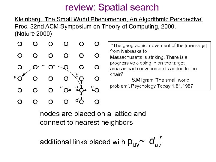 review: Spatial search Kleinberg, ‘The Small World Phenomenon, An Algorithmic Perspective’ Proc. 32 nd