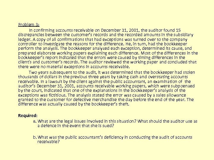 Problem 3: In confirming accounts receivable on December 31, 2001, the auditor found 15