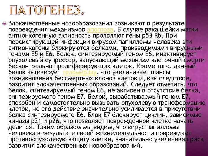  Злокачественные новообразования возникают в результате повреждения механизмов апоптоза. В случае рака шейки матки