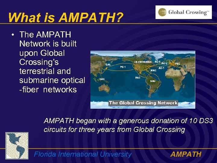 What is AMPATH? • The AMPATH Network is built upon Global Crossing’s terrestrial and