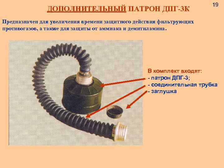 ДОПОЛНИТЕЛЬНЫЙ ПАТРОН ДПГ-3 К 19 Предназначен для увеличения времени защитного действия фильтрующих противогазов, а