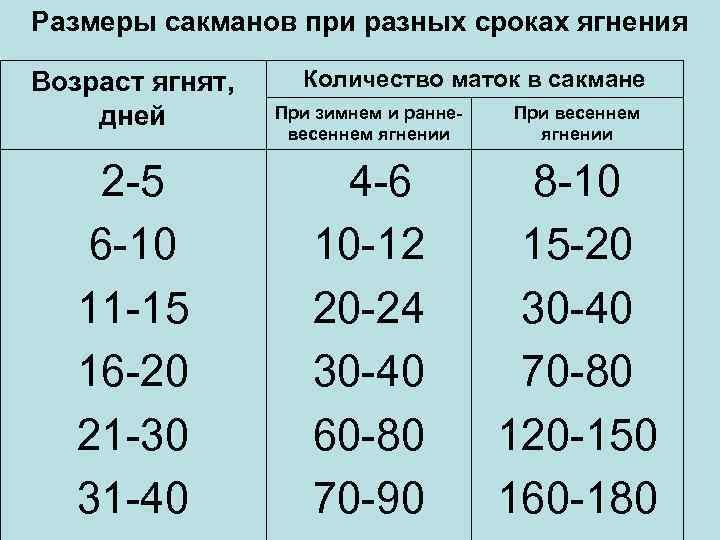 Размеры сакманов при разных сроках ягнения Возраст ягнят, дней 2 -5 6 -10 11