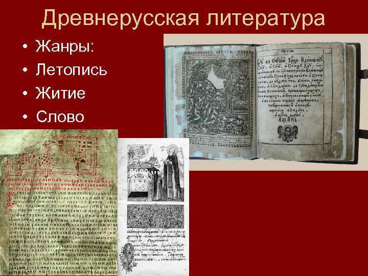 Древнерусская литература • • Жанры: Летопись Житие Слово 