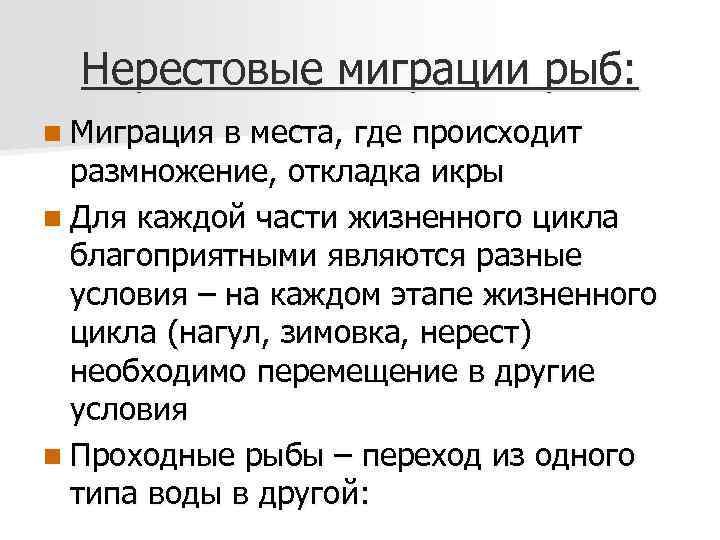 Нерестовые миграции рыб: n Миграция в места, где происходит размножение, откладка икры n Для