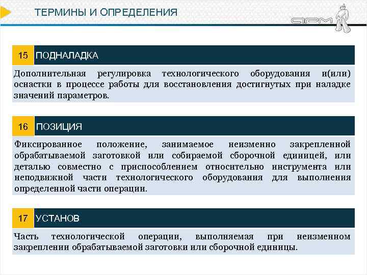 ТЕРМИНЫ И ОПРЕДЕЛЕНИЯ 15 ПОДНАЛАДКА Дополнительная регулировка технологического оборудования и(или) оснастки в процессе работы