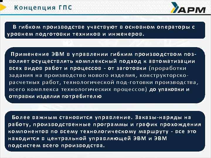 Концепция ГПС В гибком пр оизводстве участ вуют в основно м операторы с оизводст