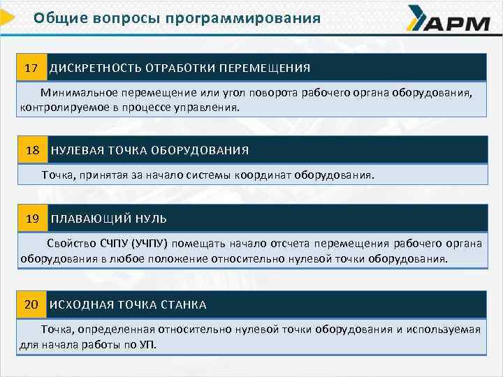 Общие вопросы программирования 17 ДИСКРЕТНОСТЬ ОТРАБОТКИ ПЕРЕМЕЩЕНИЯ Минимальное перемещение или угол поворота рабочего органа