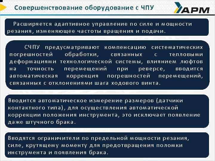 Совершенствование оборудование с ЧПУ Расширяется ад ап тивное управление по силе и мощности Р