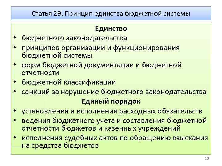 Статья 29. Принцип единства бюджетной системы • • Единство бюджетного законодательства принципов организации и