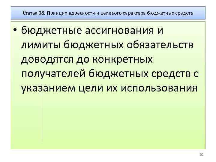 Статья 38. Принцип адресности и целевого характера бюджетных средств • бюджетные ассигнования и лимиты