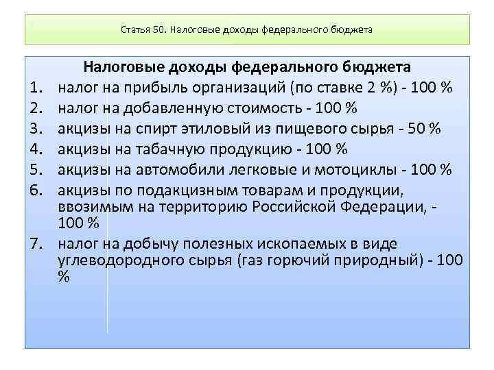 Ст 50. Налоговые доходы федерального бюджета. Статья 50. Налоговые доходы федерального бюджета. Налоговыми доходами федерального бюджета являются:. Статья 50.