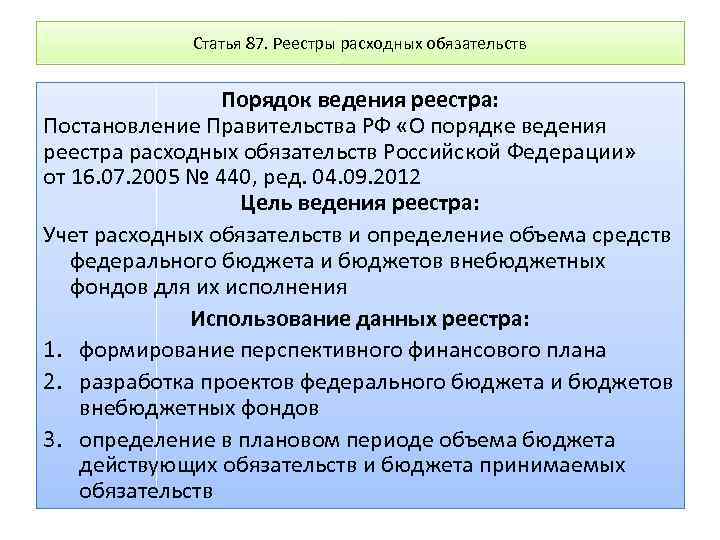 Статья 87. Реестры расходных обязательств Порядок ведения реестра: Постановление Правительства РФ «О порядке ведения