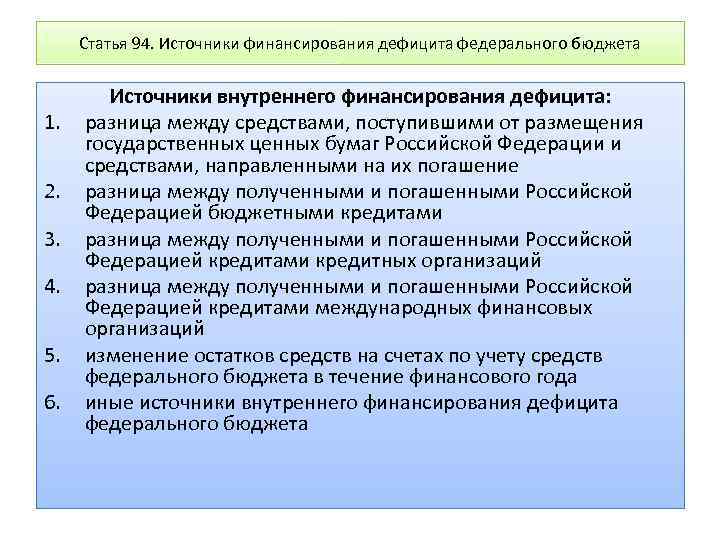 Статья 94. Источники финансирования дефицита федерального бюджета 1. 2. 3. 4. 5. 6. Источники