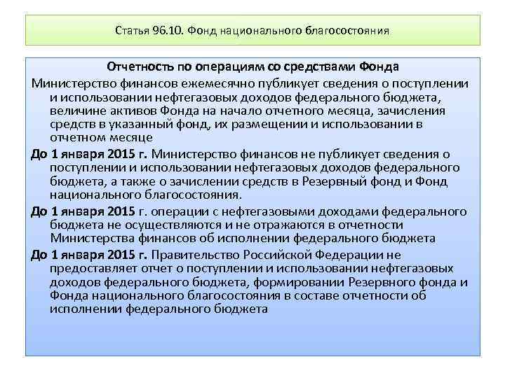 Статья 96. 10. Фонд национального благосостояния Отчетность по операциям со средствами Фонда Министерство финансов