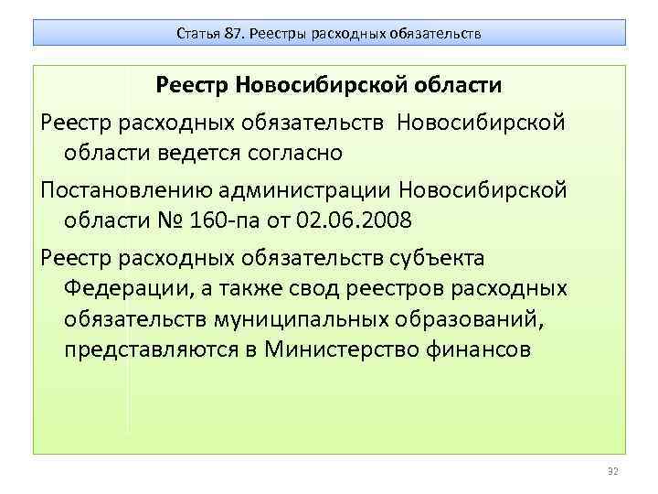 Статья 87. Реестры расходных обязательств Реестр Новосибирской области Реестр расходных обязательств Новосибирской области ведется