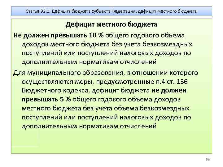 Статья 92. 1. Дефицит бюджета субъекта Федерации, дефицит местного бюджета Дефицит местного бюджета Не