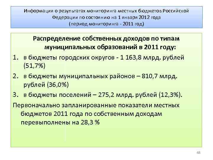 Информация о результатах мониторинга местных бюджетов Российской Федерации по состоянию на 1 января 2012