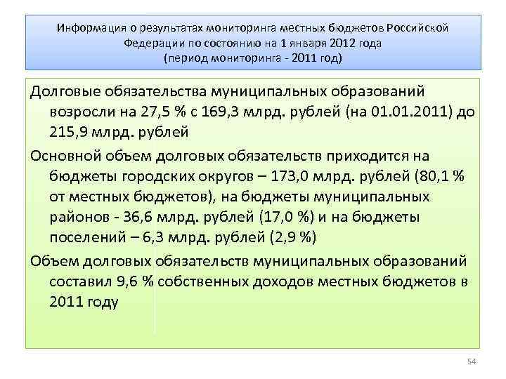 Информация о результатах мониторинга местных бюджетов Российской Федерации по состоянию на 1 января 2012