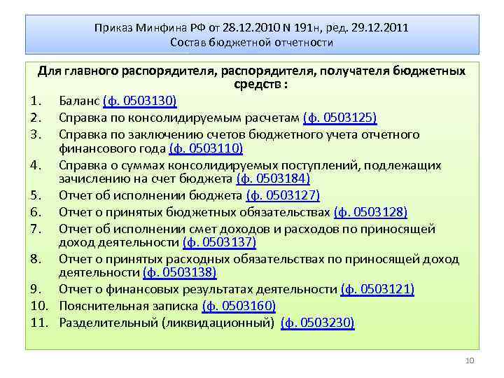 191н. Инструкция 191н. Приказ Минфина России 191н. 191н инструкция по бюджетному учету. 191 Форма бюджетной отчетности.