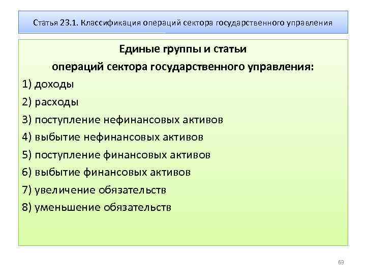 Статья 23. 1. Классификация операций сектора государственного управления Единые группы и статьи операций сектора