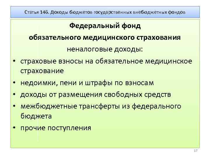 Статья 146. Доходы бюджетов государственных внебюджетных фондов • • • Федеральный фонд обязательного медицинского