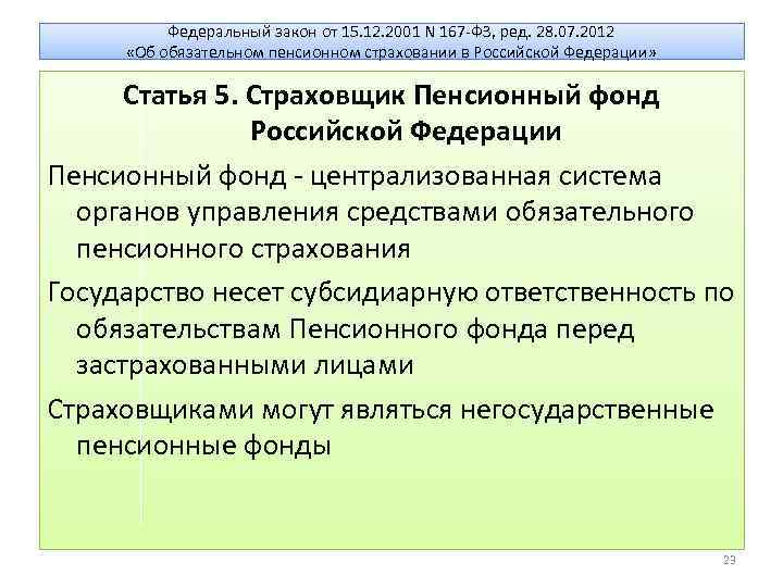 Федеральный закон от 15. 12. 2001 N 167 -ФЗ, ред. 28. 07. 2012 «Об