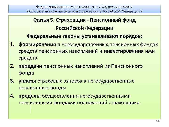 Федеральный закон от 15. 12. 2001 N 167 -ФЗ, ред. 28. 07. 2012 «Об