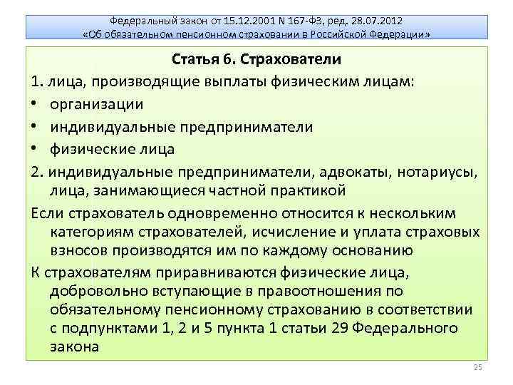 Федеральный закон от 15. 12. 2001 N 167 -ФЗ, ред. 28. 07. 2012 «Об