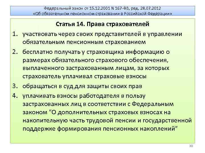 Федеральный закон от 15. 12. 2001 N 167 -ФЗ, ред. 28. 07. 2012 «Об