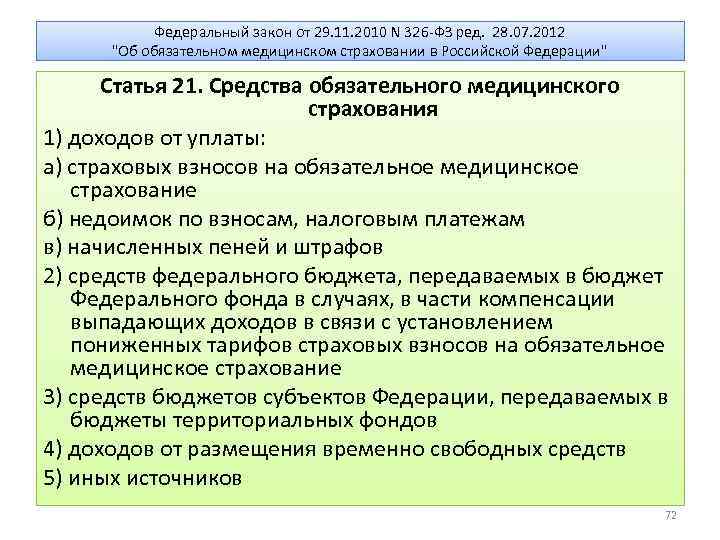 Федеральный закон от 29. 11. 2010 N 326 -ФЗ ред. 28. 07. 2012 "Об