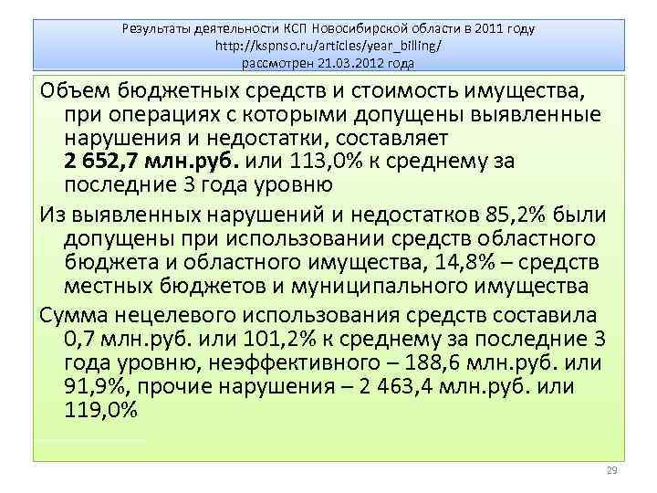 Результаты деятельности КСП Новосибирской области в 2011 году http: //kspnso. ru/articles/year_billing/ рассмотрен 21. 03.