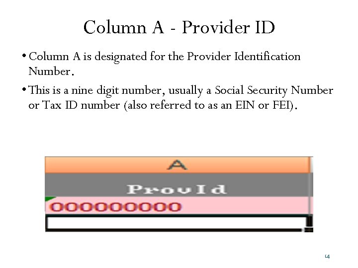 Column A - Provider ID • Column A is designated for the Provider Identification