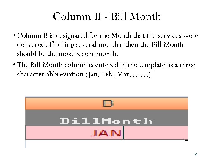 Column B - Bill Month • Column B is designated for the Month that